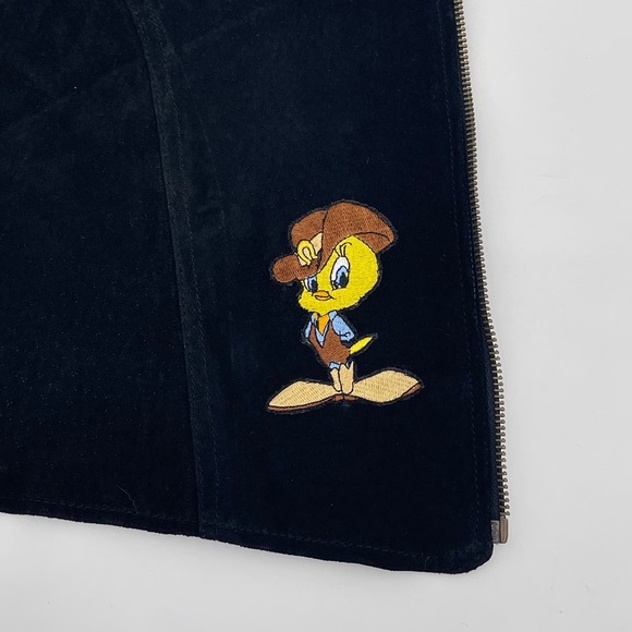 Vintage 1996 Warner Bros Sz S Looney Tunes TWEETY Bird Vest Black Leather Suede - Picture 6 of 7